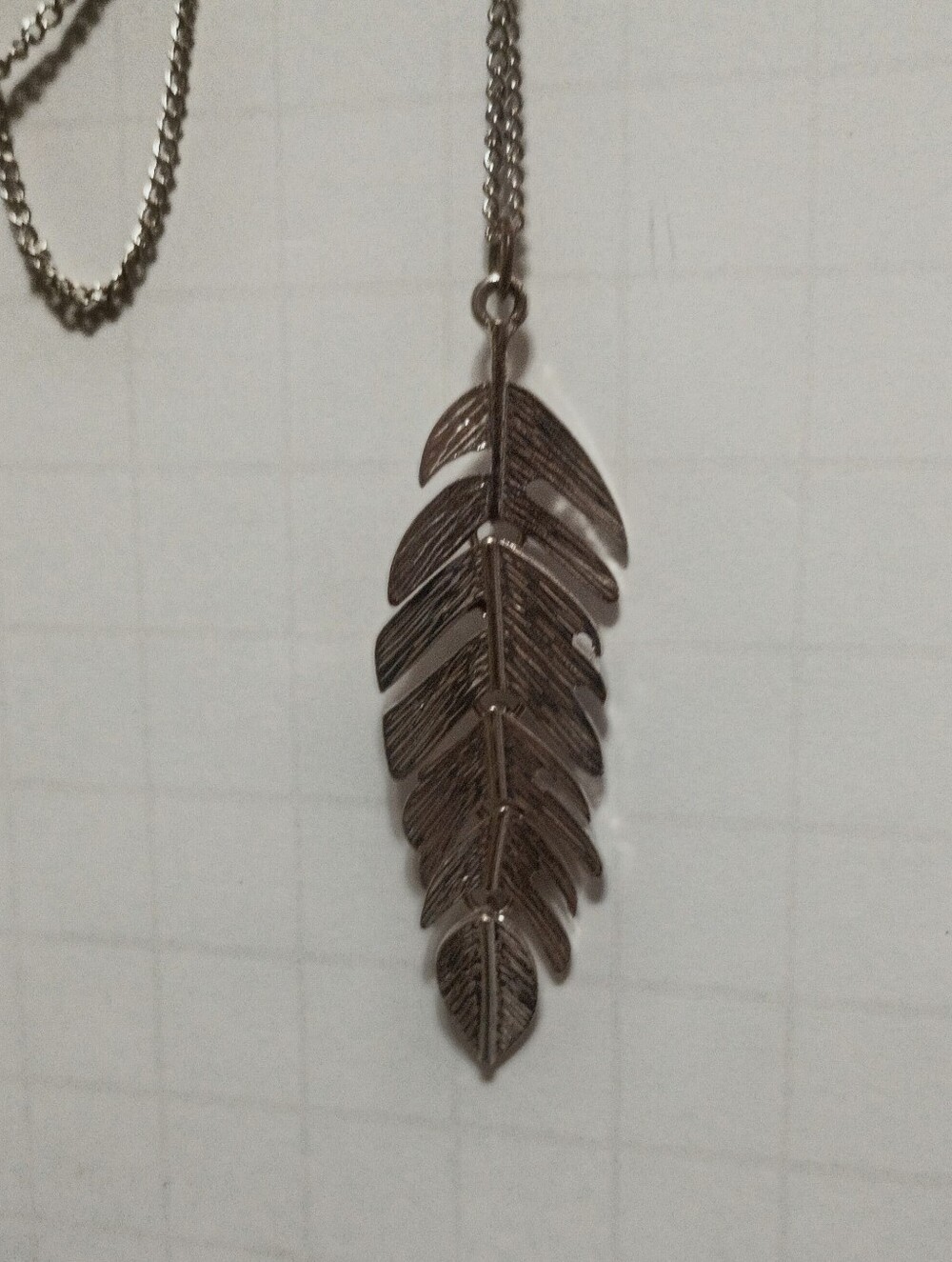 Silver Toned Feather Necklace signed LC